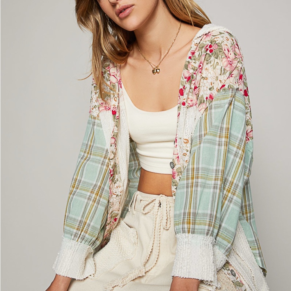 POL Plaid/Floral Multi Hooded Top